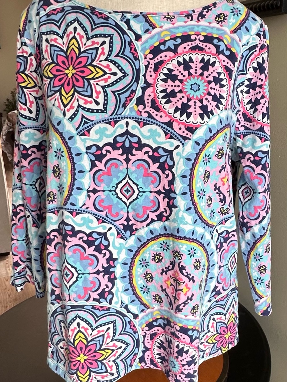 Talbots Blue Pink Patterned Long-Sleeve Medallion Tee -XL